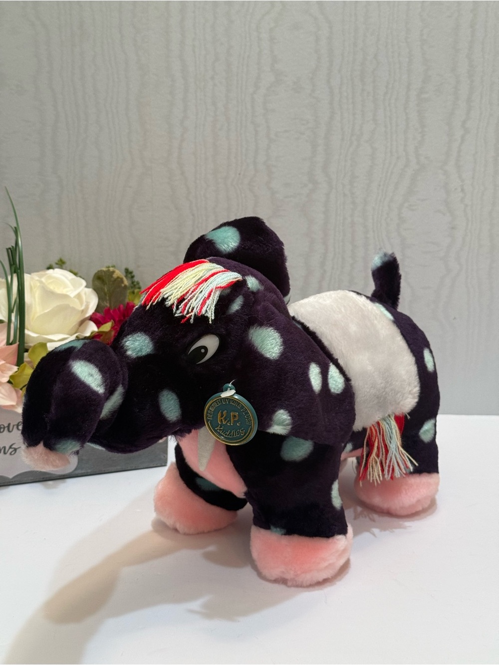 Vintage King Plush KP Kuddles Polka Dot Elephant Stuffed Animal 90s Fringe